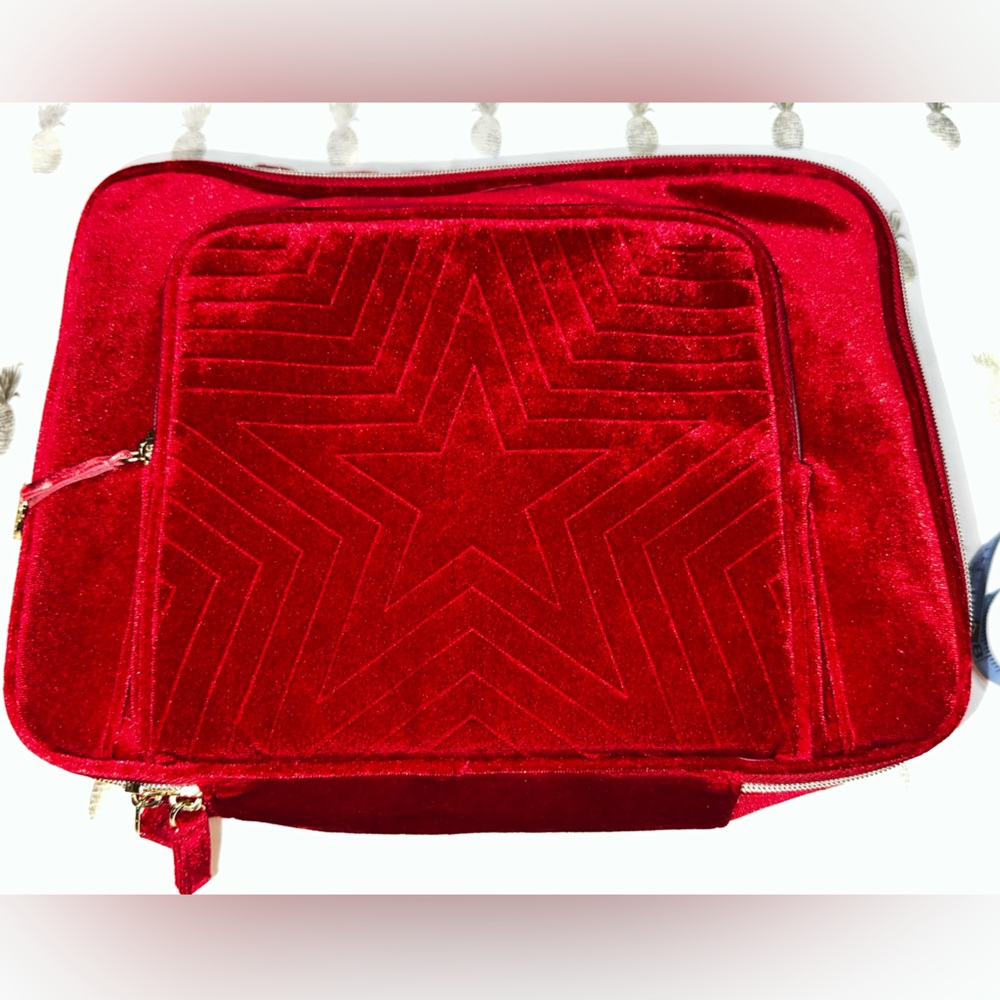 Estee Lauder Large Make Up Case, Red Velvet Star Pattern on front. Like new.